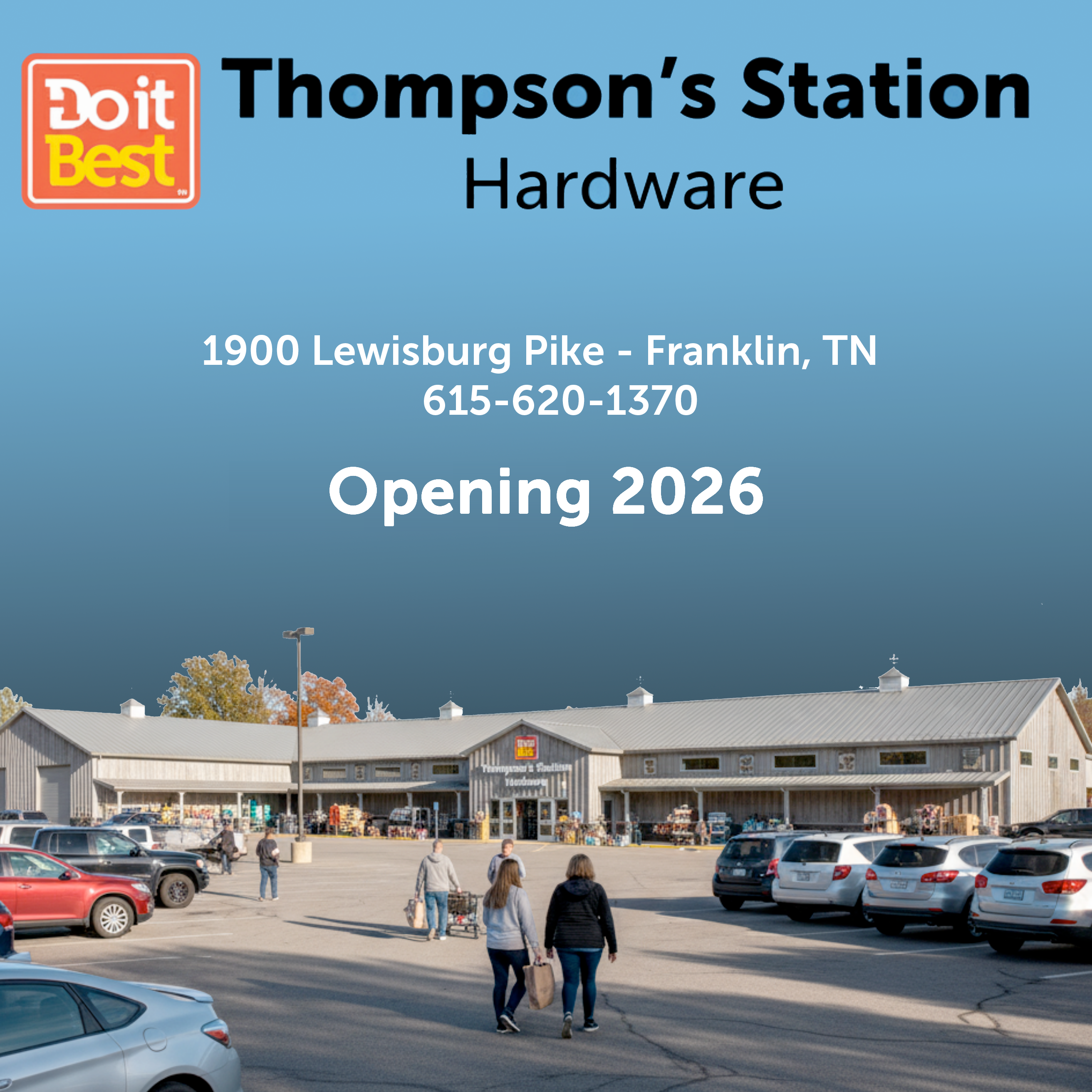 Architectural rendering of Thompson's Station Hardware store exterior showing a modern hardware store building with Do it Best branding, professional landscaping, and customer parking area